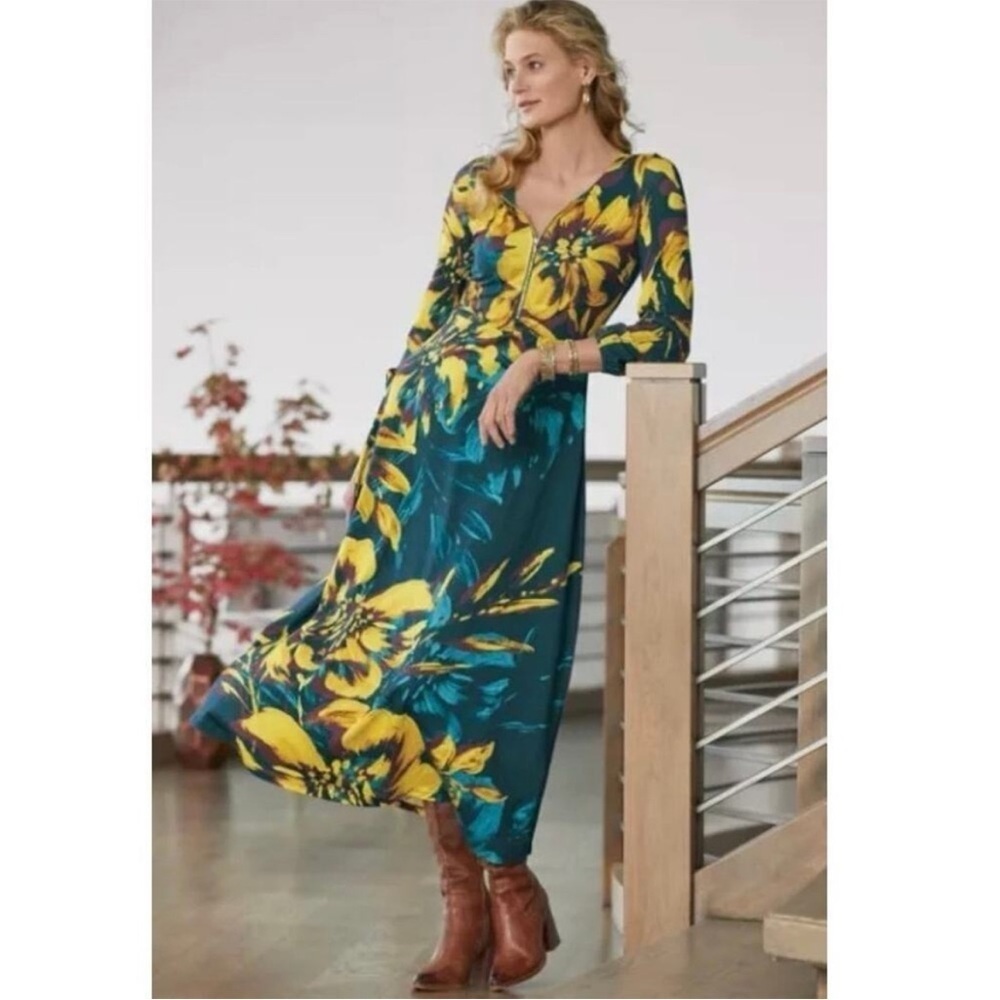 Soft Surroundings Gemma Botanical Floral Knit Maxi Dress Teal Yellow Medium